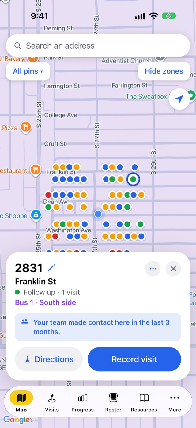 A selected house on the map showing its status, its route, a recent-contact notice, and Directions and Record visit buttons
