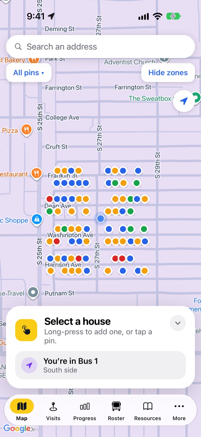 The church's map with colored pins for every visited house