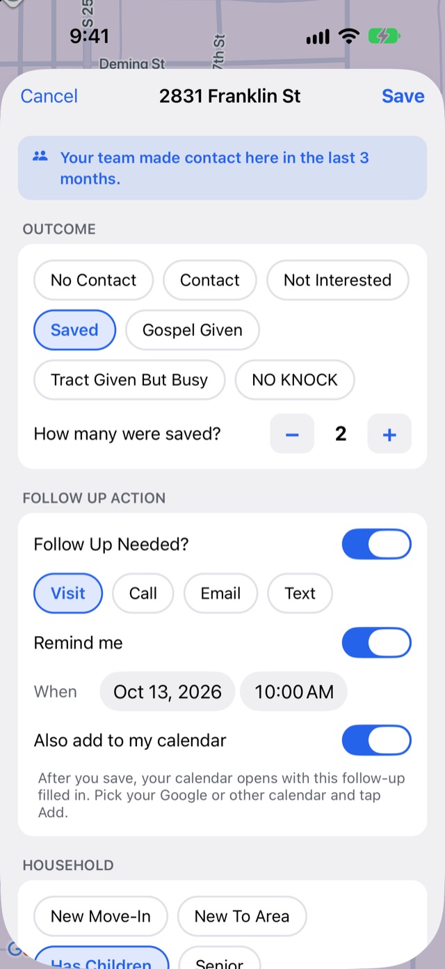 The visit sheet with Saved chosen and two people saved