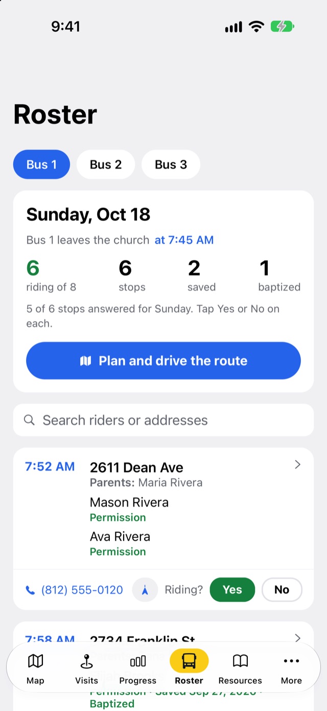 The Bus 1 roster: 6 of 8 riding, 6 stops, 2 saved, 1 baptized