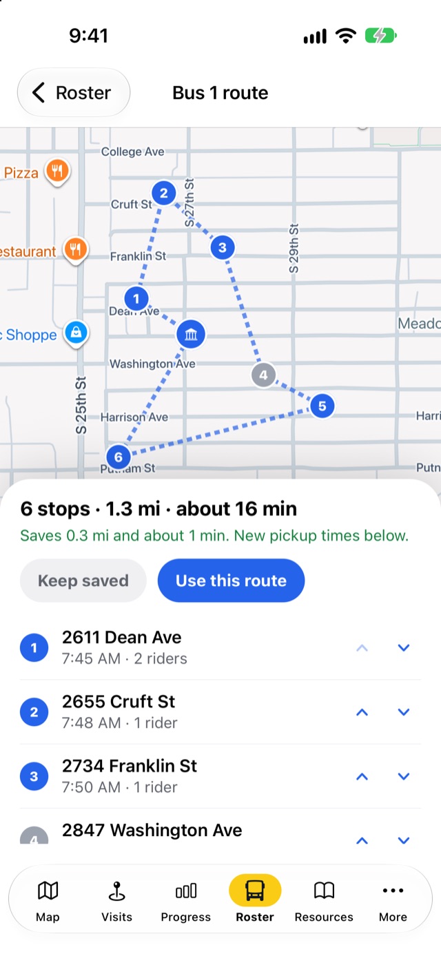 The Bus 1 route, optimized to save 0.3 miles