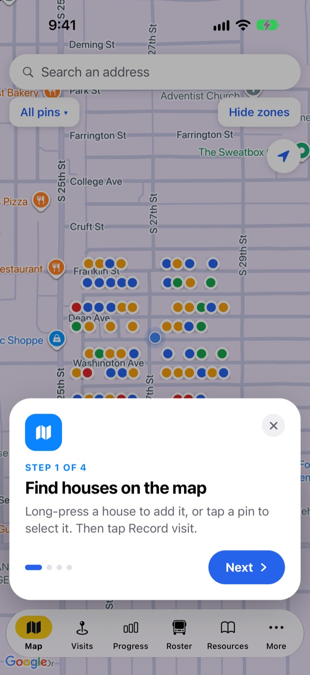 The first step of the app's tour: find houses on the map
